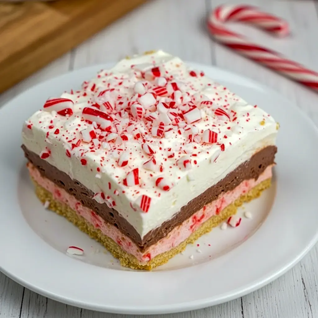 Close-up of no-bake peppermint bars: pink mint cheesecake layer, chocolate pudding, whipped topping and crushed candy cane garnish, Peppermint Dream Dessert.