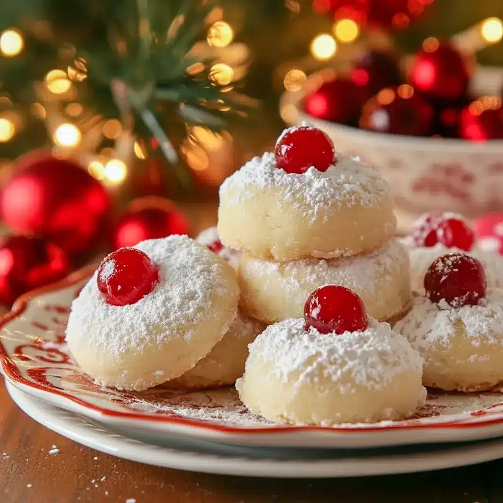 Close-up of cherry-studded shortbread cookies dusted with powdered sugar on a wooden board, styled for gifting and party platters — ideal for Thanksgiving Cookies Decorated Ideas and inspired by Cookie Press Cookies, Christmas Cherry Cookies.