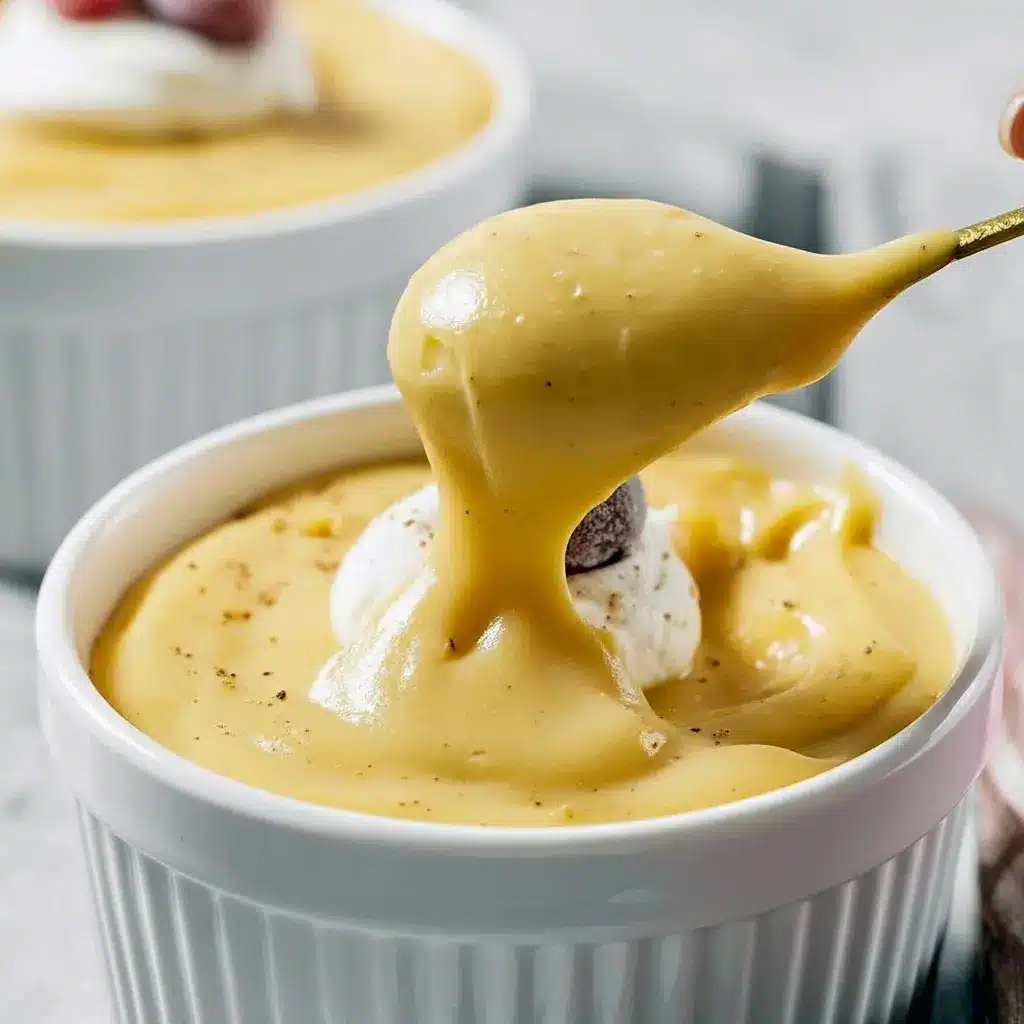 Three ramekins of creamy eggnog pudding topped with whipped cream, grated nutmeg, and sugared cranberries on a wooden tray, with a gold spoon nearby, Holiday Eggnog Pudding.