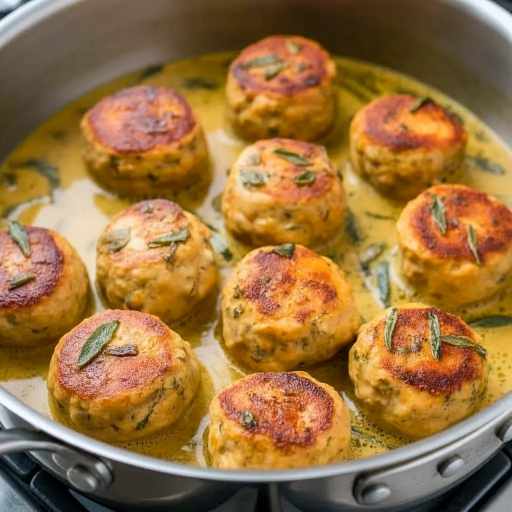 Close-up of golden-browned pumpkin chicken meatballs sitting in a glossy sage cream sauce, garnished with fresh sage leaves on a rustic plate, Homemade Fall Recipes.