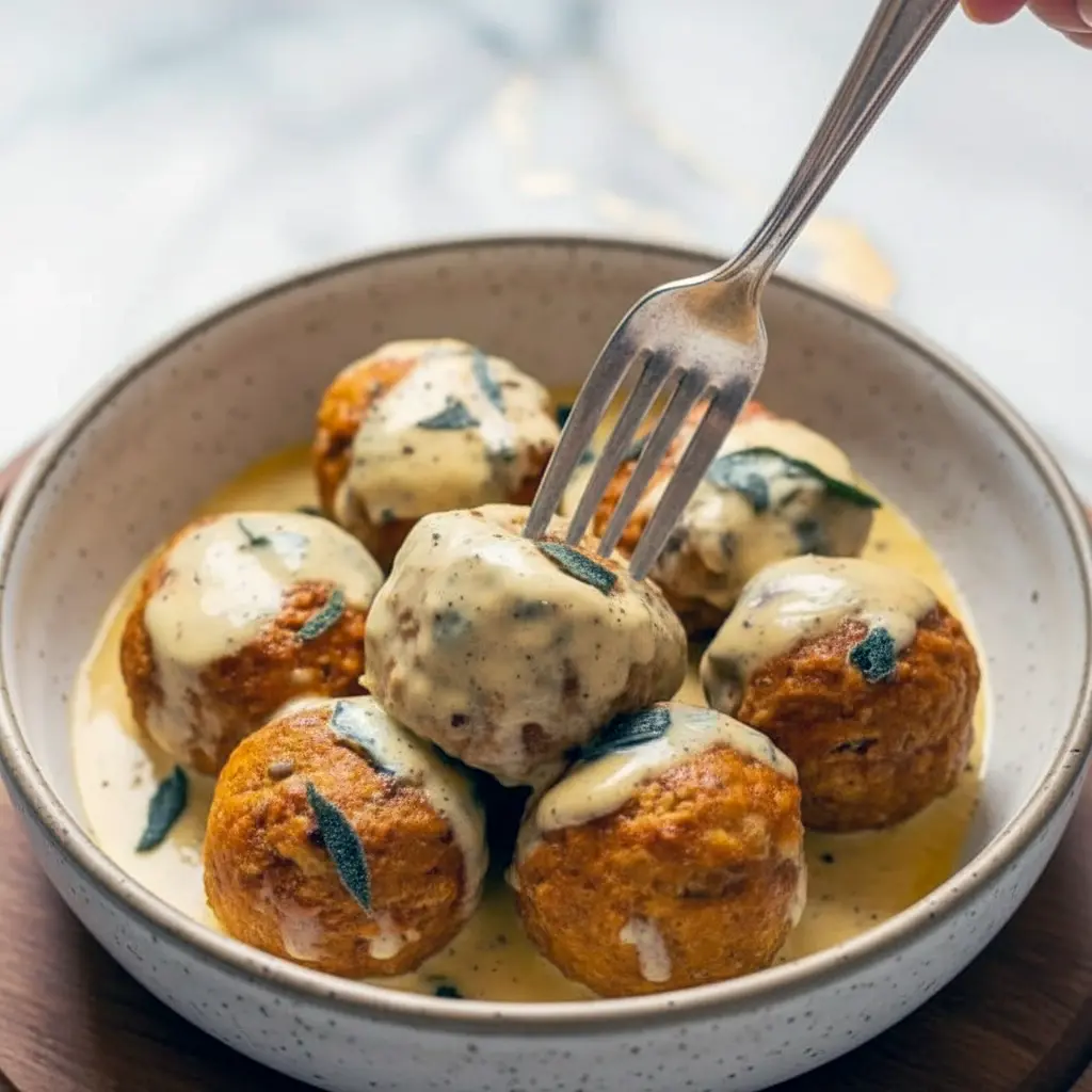 Close-up of golden-browned pumpkin chicken meatballs sitting in a glossy sage cream sauce, garnished with fresh sage leaves on a rustic plate, Homemade Fall Recipes.
