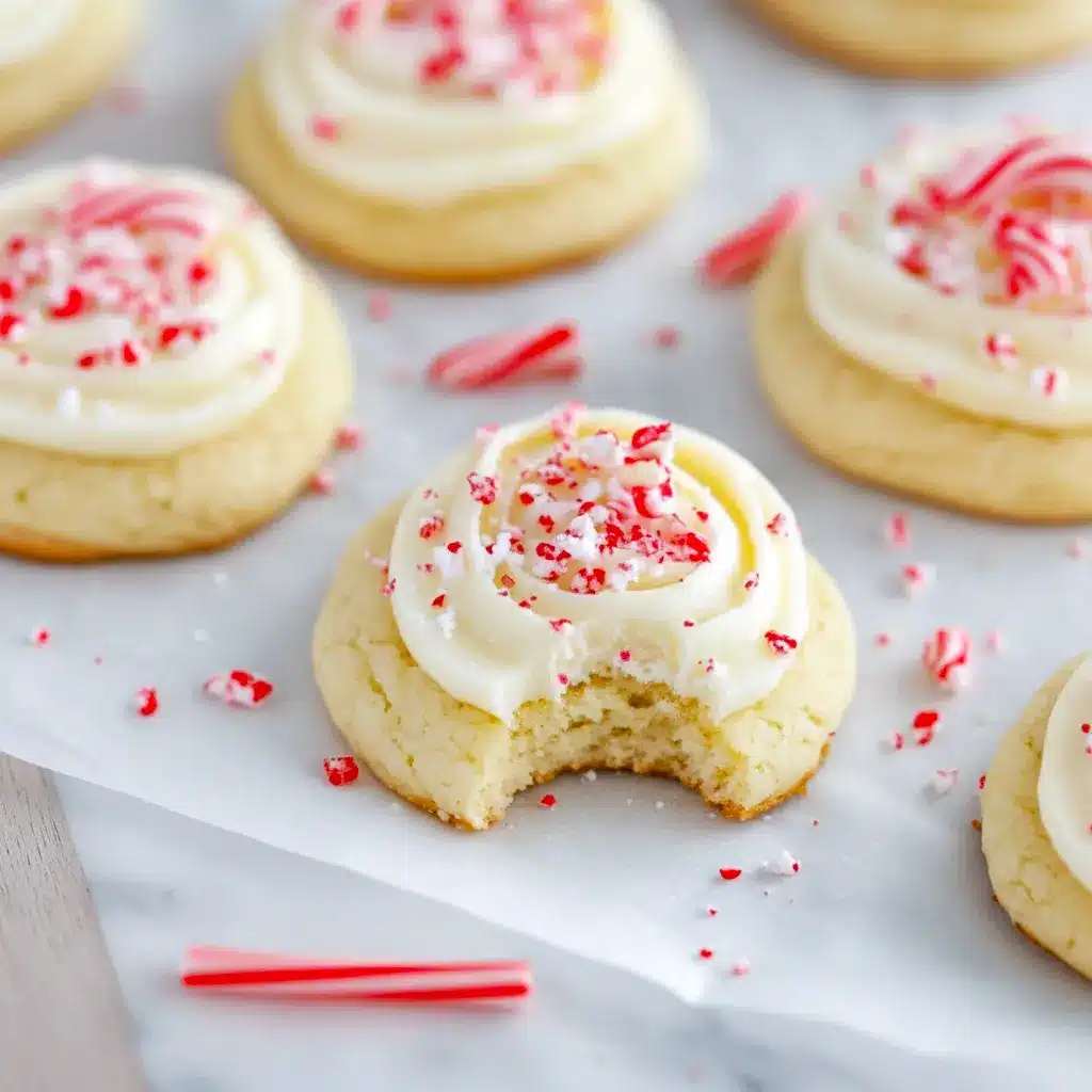 Close-up of peppermint sugar cookies topped with swirled buttercream and crushed candy cane, arranged on a festive plate, Christmas Type Cookies.