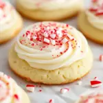 Close-up of peppermint sugar cookies topped with swirled buttercream and crushed candy cane, arranged on a festive plate, Christmas Type Cookies.