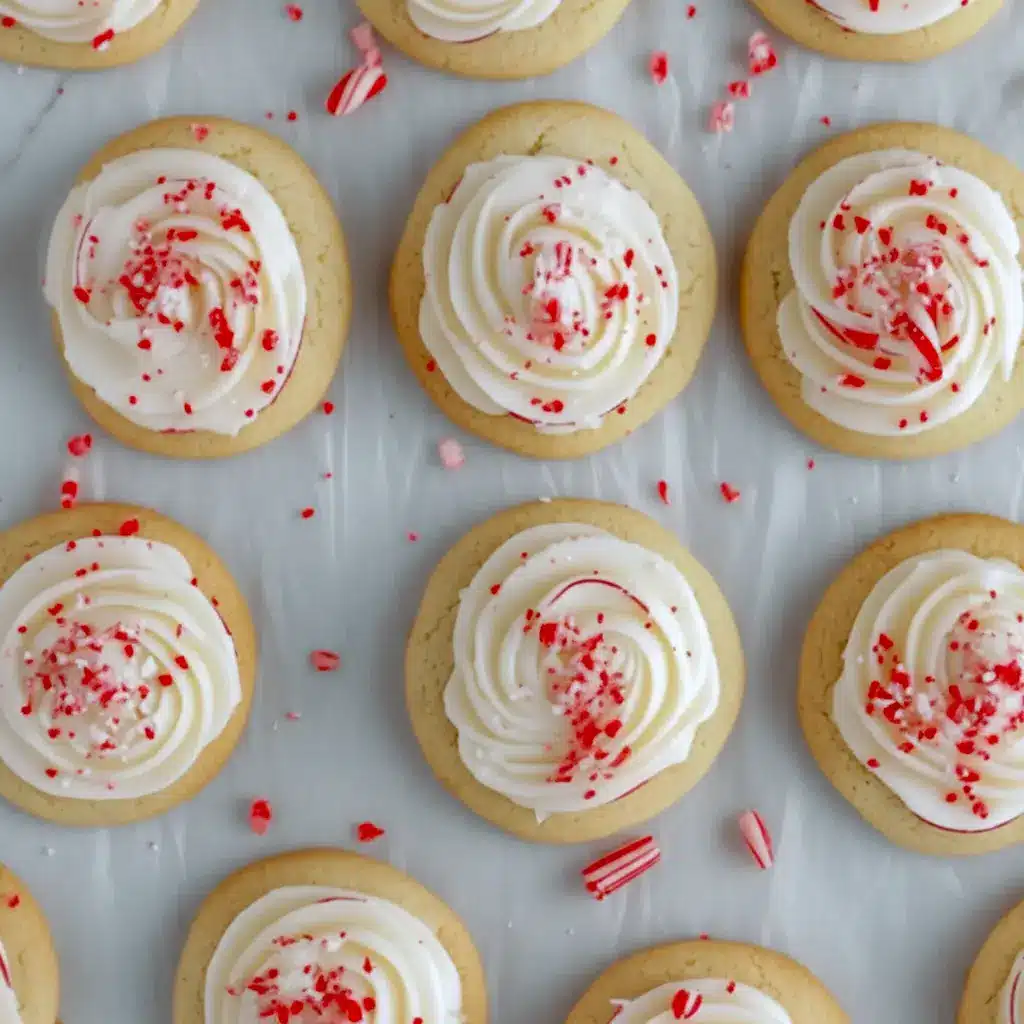 Close-up of peppermint sugar cookies topped with swirled buttercream and crushed candy cane, arranged on a festive plate, Christmas Type Cookies.