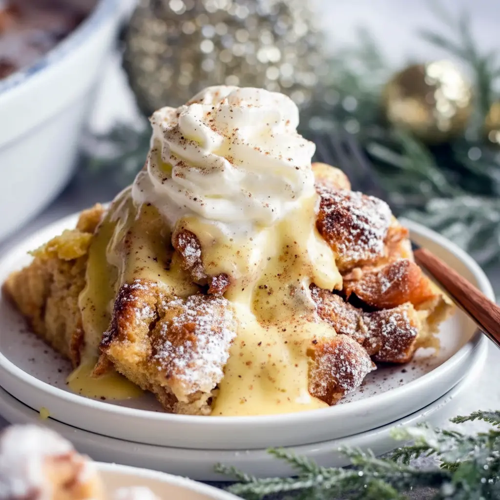 Golden-brown slice of eggnog-soaked bread pudding on a white plate, drizzled with warm custard sauce, topped with whipped cream and a light dusting of nutmeg, Holiday Bread Pudding.