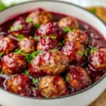 Glossy cranberry-glazed meatballs in a festive bowl, garnished with chopped parsley and toothpicks for easy serving, Traditional Christmas Appetizers.
