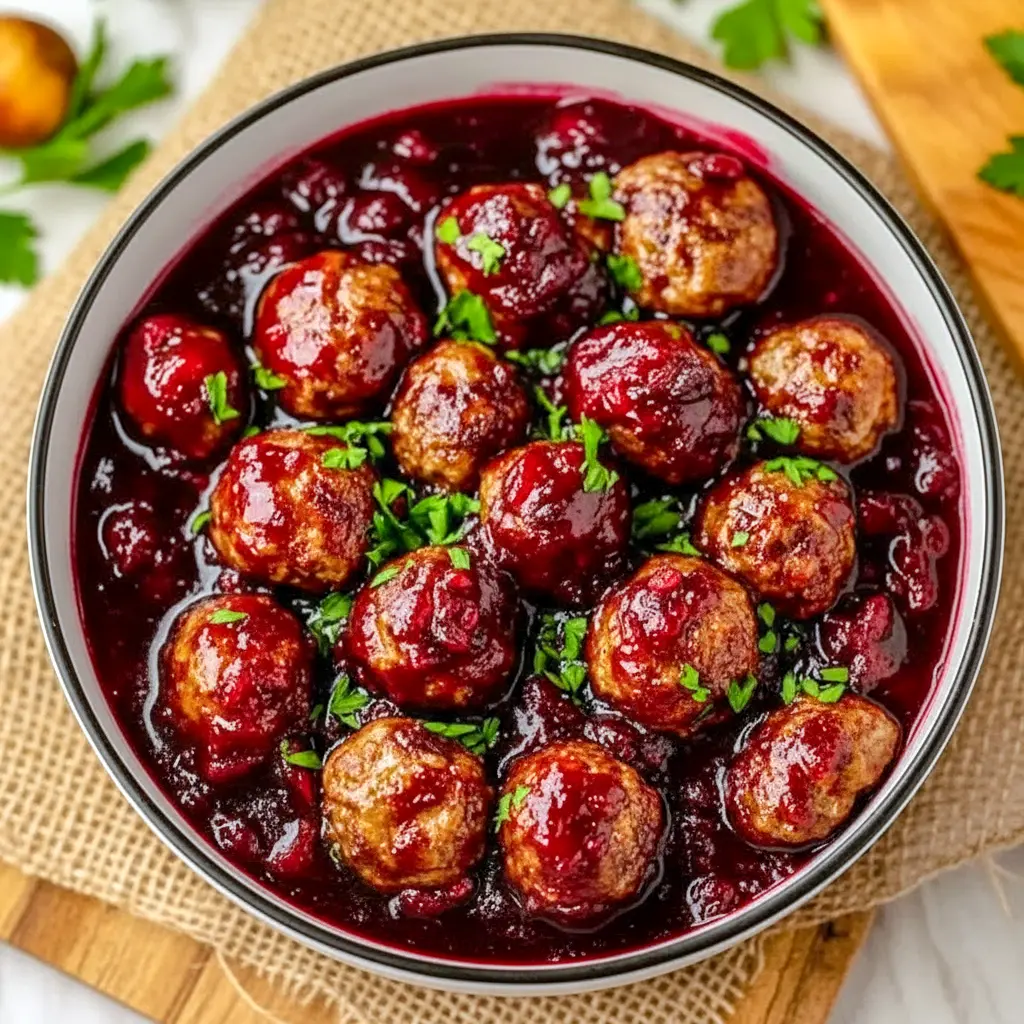 Glossy cranberry-glazed meatballs in a festive bowl, garnished with chopped parsley and toothpicks for easy serving, Traditional Christmas Appetizers.
