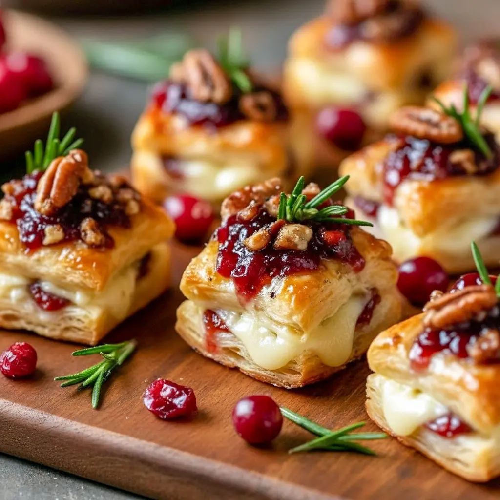 Golden puff pastry cups filled with melted brie and glossy cranberry sauce, garnished with a tiny rosemary sprig, Holiday Appetizers Christmas.
