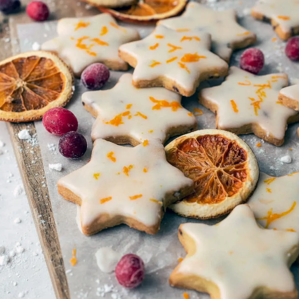 Overhead shot of star-shaped cranberry orange shortbread cookies glossed with orange glaze and sprinkled with zest, arranged on a wooden board with a festive ribbon nearby, Orange Christmas Recipes.