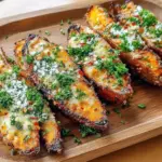 Close-up of crispy garlic-Parmesan sweet potato wedges on a rustic plate, sprinkled with parsley and a lemon wedge, served with a small bowl of creamy dip.