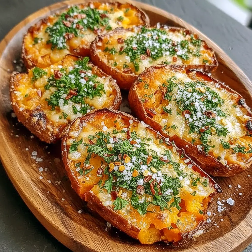 Close-up of crispy garlic-Parmesan sweet potato wedges on a rustic plate, sprinkled with parsley and a lemon wedge, served with a small bowl of creamy dip.