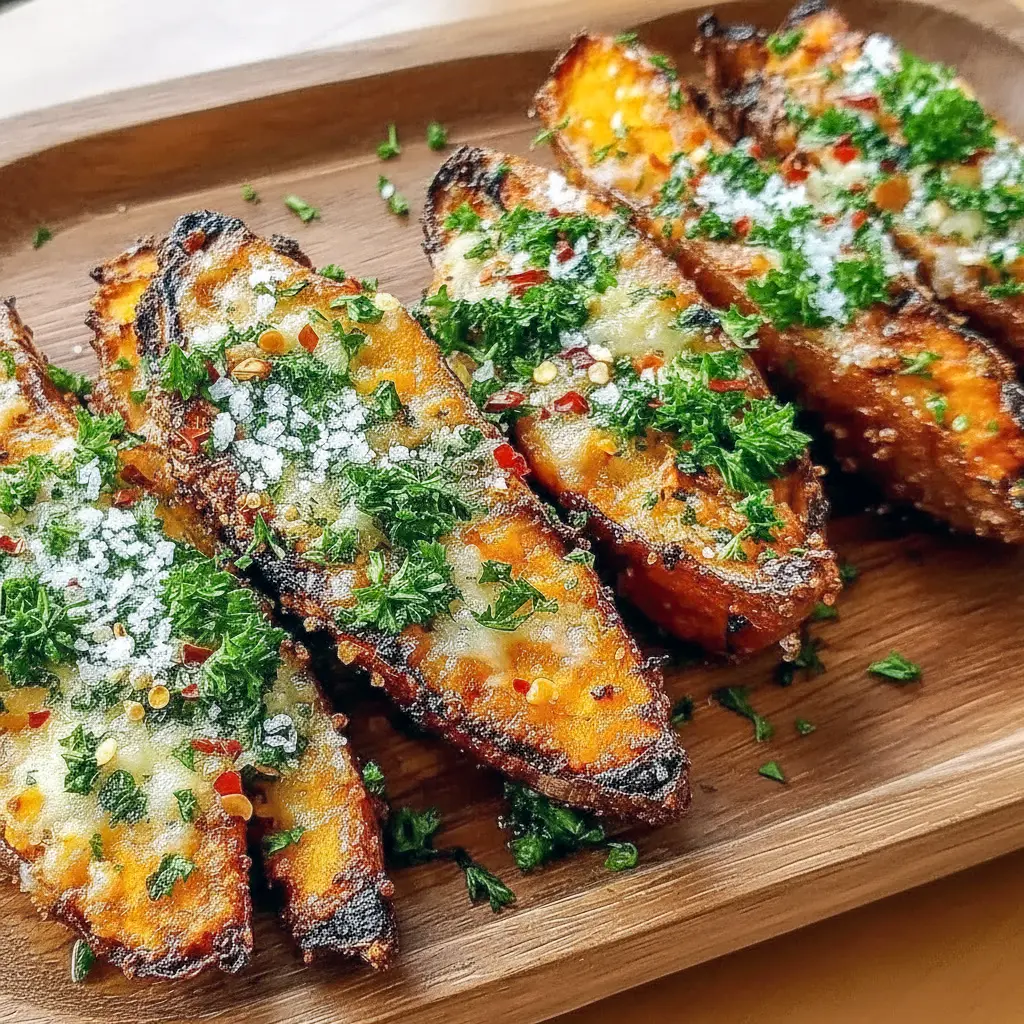Close-up of crispy garlic-Parmesan sweet potato wedges on a rustic plate, sprinkled with parsley and a lemon wedge, served with a small bowl of creamy dip.