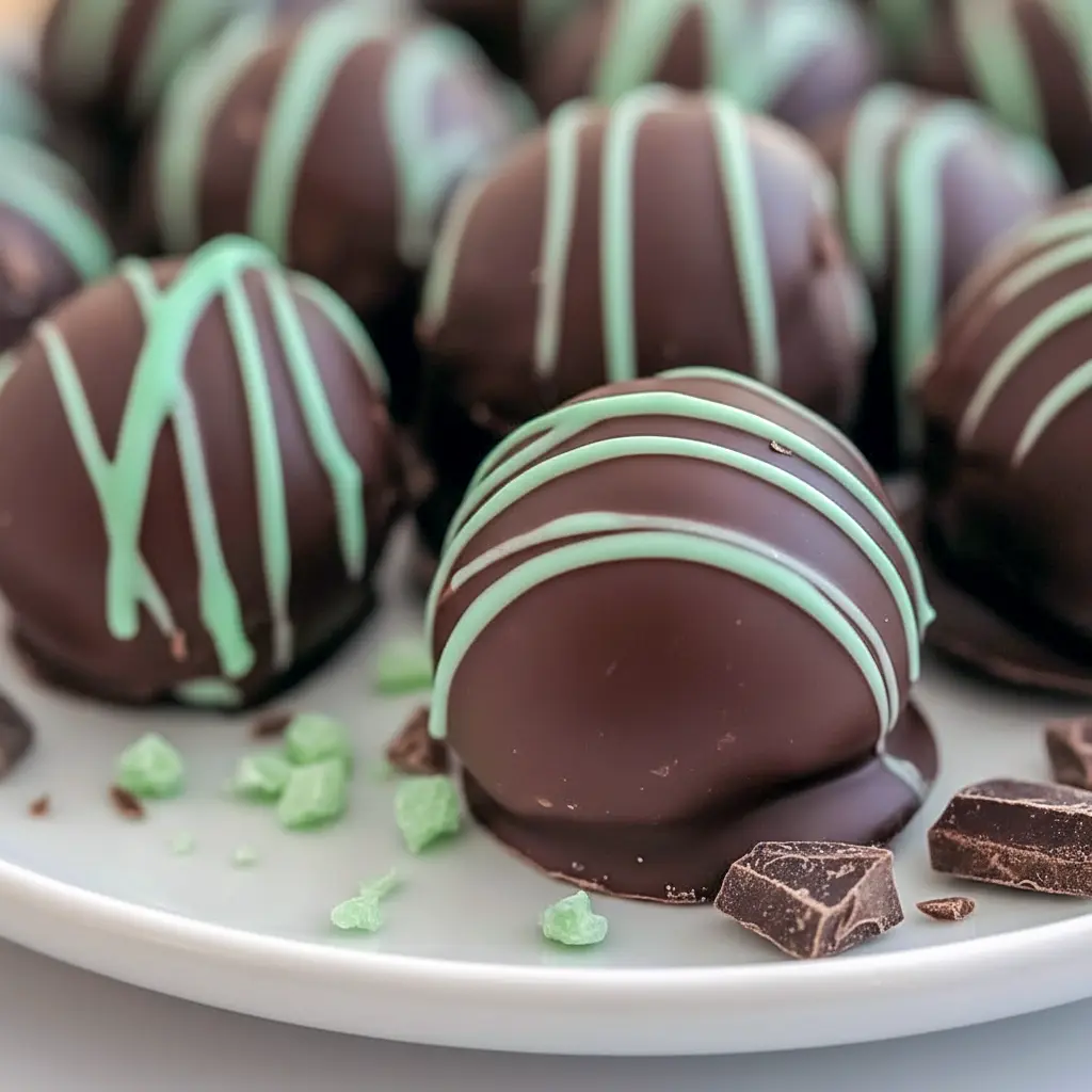 Truffle Recipe close-up: glossy mint chocolate spheres on a platter, ideal for Christmas Candy Recipes and Candy Recipes Homemade gift boxes, Christmas Truffles.