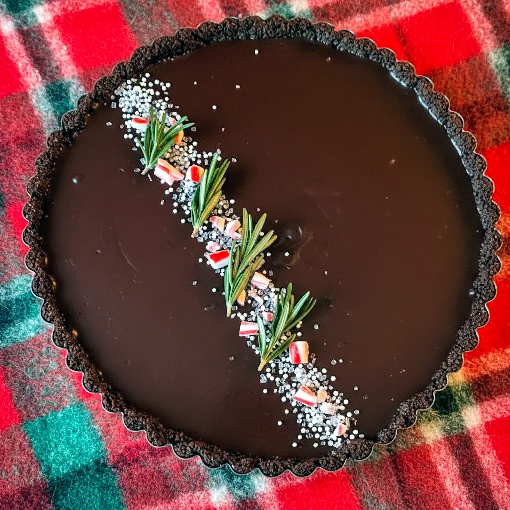 Christmas Chocolate Mousse Pie-style tart with dark glaze and peppermint-white mousse in a chocolate crust — a festive Peppermint Christmas Desserts centerpiece that also works for Thanksgiving Tarts Desserts or as a bold Christmas Pie Chocolate display, Christmas Showstopper Desserts.