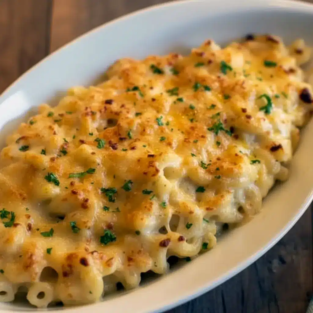Broiler-browned gorgonzola macaroni and cheese in a rustic baking dish, with melted golden cheese, a sprinkle of parsley, and a bubbling, crisp top, Mac And Cheese With Gorgonzola Cheese.