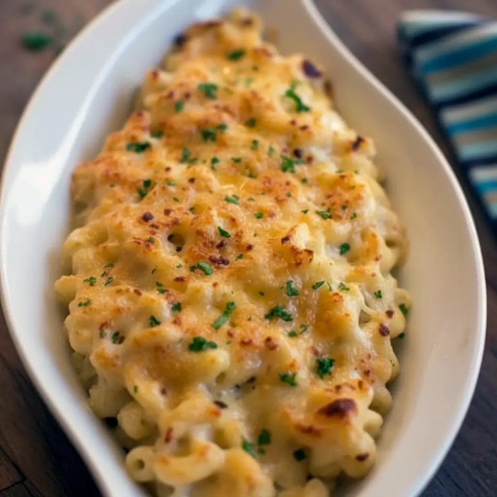 Broiler-browned gorgonzola macaroni and cheese in a rustic baking dish, with melted golden cheese, a sprinkle of parsley, and a bubbling, crisp top, Mac And Cheese With Gorgonzola Cheese.