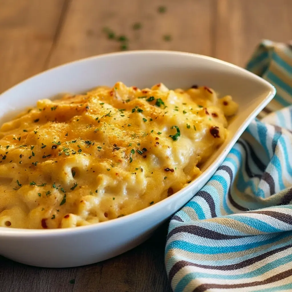 Broiler-browned gorgonzola macaroni and cheese in a rustic baking dish, with melted golden cheese, a sprinkle of parsley, and a bubbling, crisp top, Mac And Cheese With Gorgonzola Cheese.