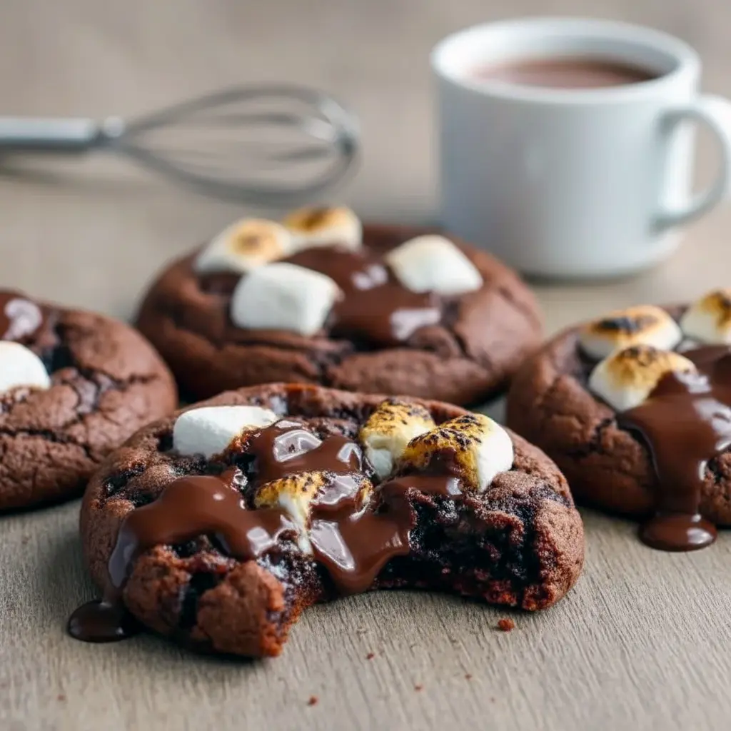 Warm, fudgy chocolate cookies topped with melted mini marshmallows and scattered chocolate chunks on a rustic board, Hot Chocolate Christmas Cookies.