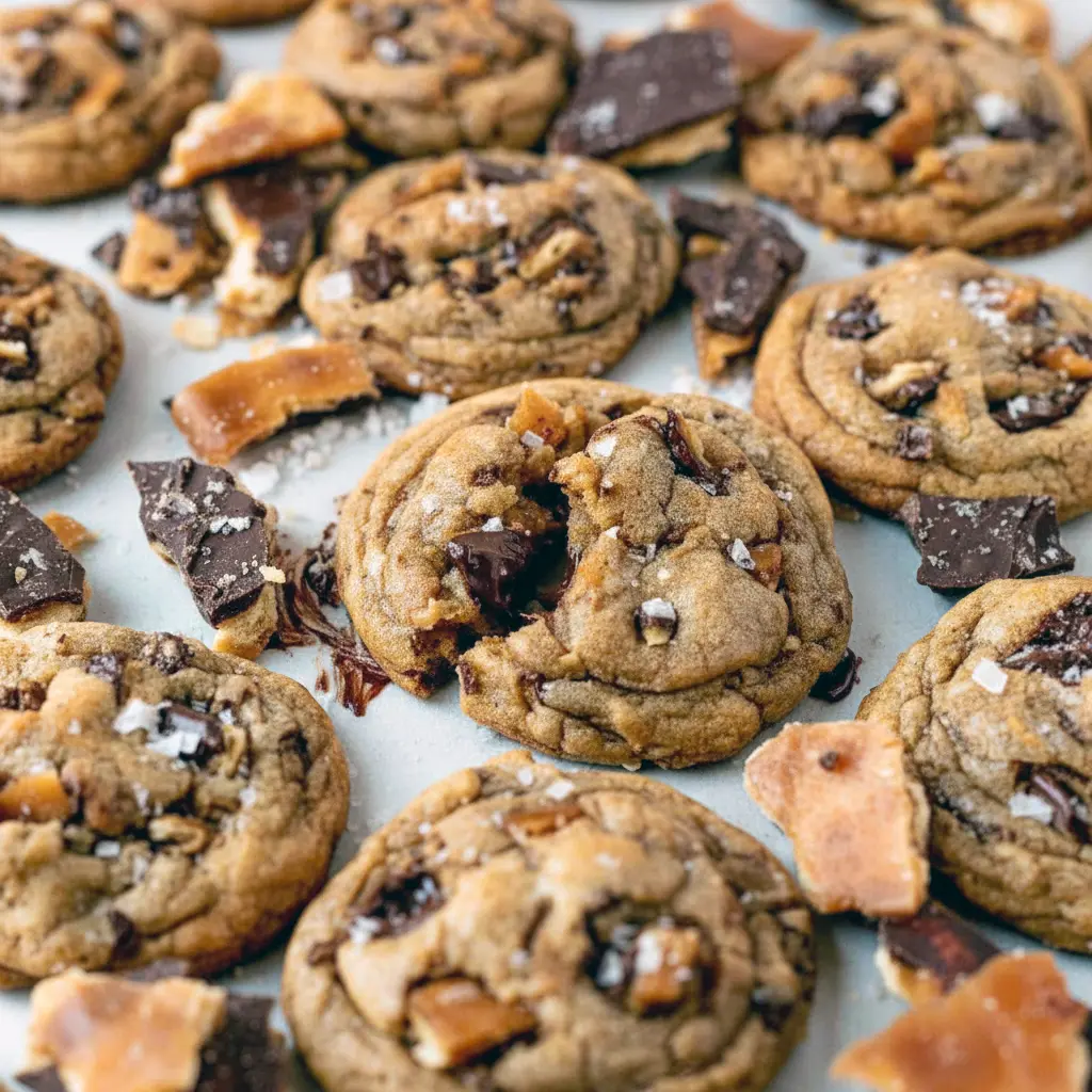 Tray of golden cookies with toffee pieces and melted chocolate — Christmas Cracker Cookies arranged for Neighbor Holiday Treats, great as Easy Christmas Treats For Neighbors, smart Break And Bake Cookie Ideas, and truly the Best Cookie Exchange Cookies Recipe, Delicious Holiday Cookies.