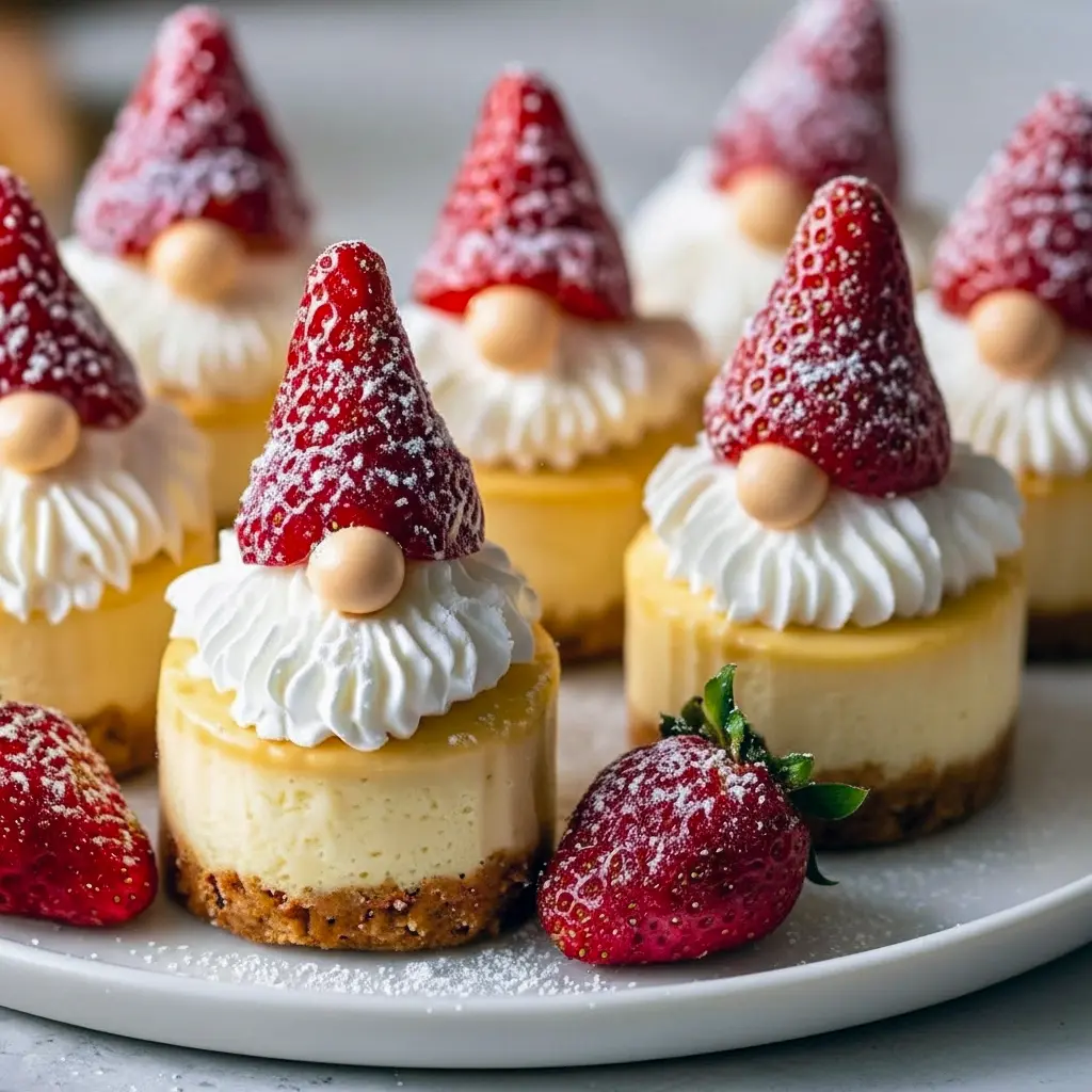 Close-up of a mini cheesecake decorated like a gnome with an upside-down strawberry hat, piped whipped-cream beard, tiny candy nose, and a dusting of powdered sugar, Cute Christmas Recipes.
