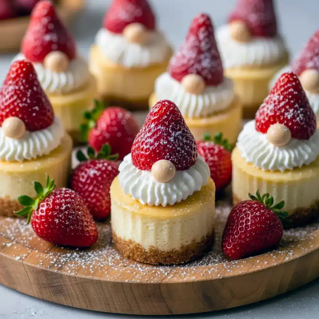 Close-up of a mini cheesecake decorated like a gnome with an upside-down strawberry hat, piped whipped-cream beard, tiny candy nose, and a dusting of powdered sugar, Cute Christmas Recipes.