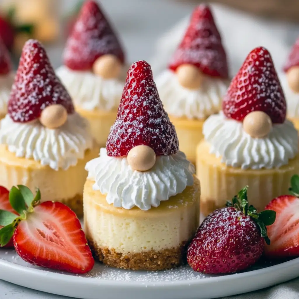 Close-up of a mini cheesecake decorated like a gnome with an upside-down strawberry hat, piped whipped-cream beard, tiny candy nose, and a dusting of powdered sugar, Cute Christmas Recipes.