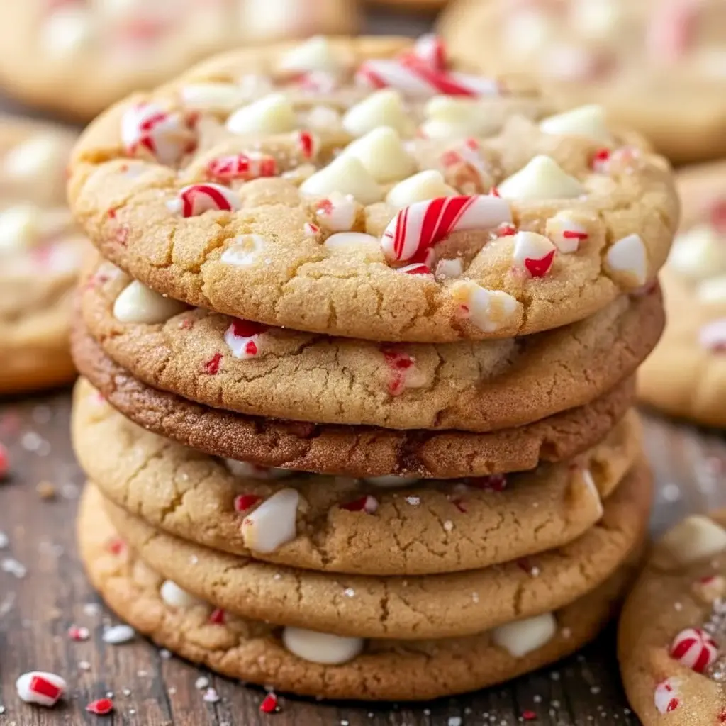 Close-up of white chocolate cookies topped with crushed candy cane pieces and a light white chocolate drizzle, arranged on a festive platter, White Chocolate Christmas Treats.