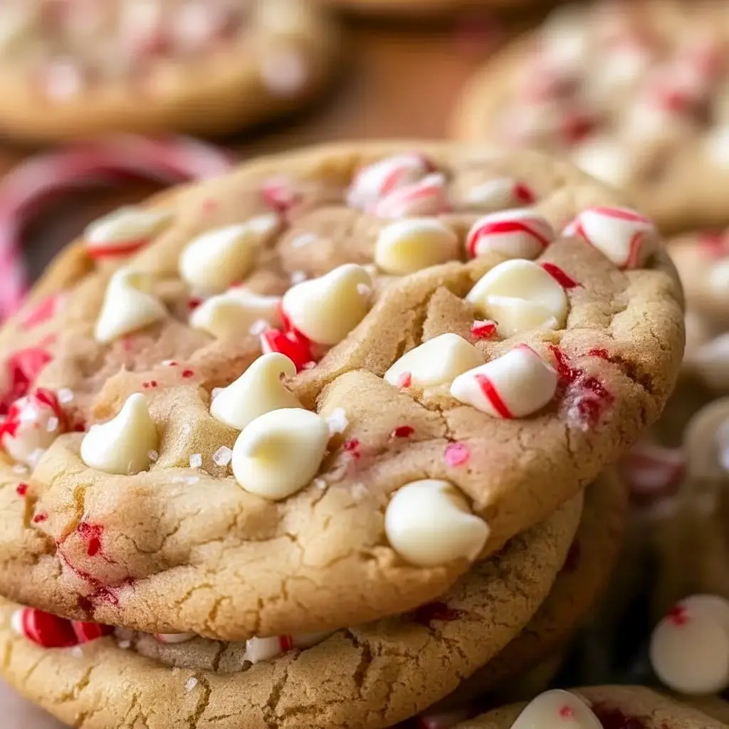 Close-up of white chocolate cookies topped with crushed candy cane pieces and a light white chocolate drizzle, arranged on a festive platter, White Chocolate Christmas Treats.