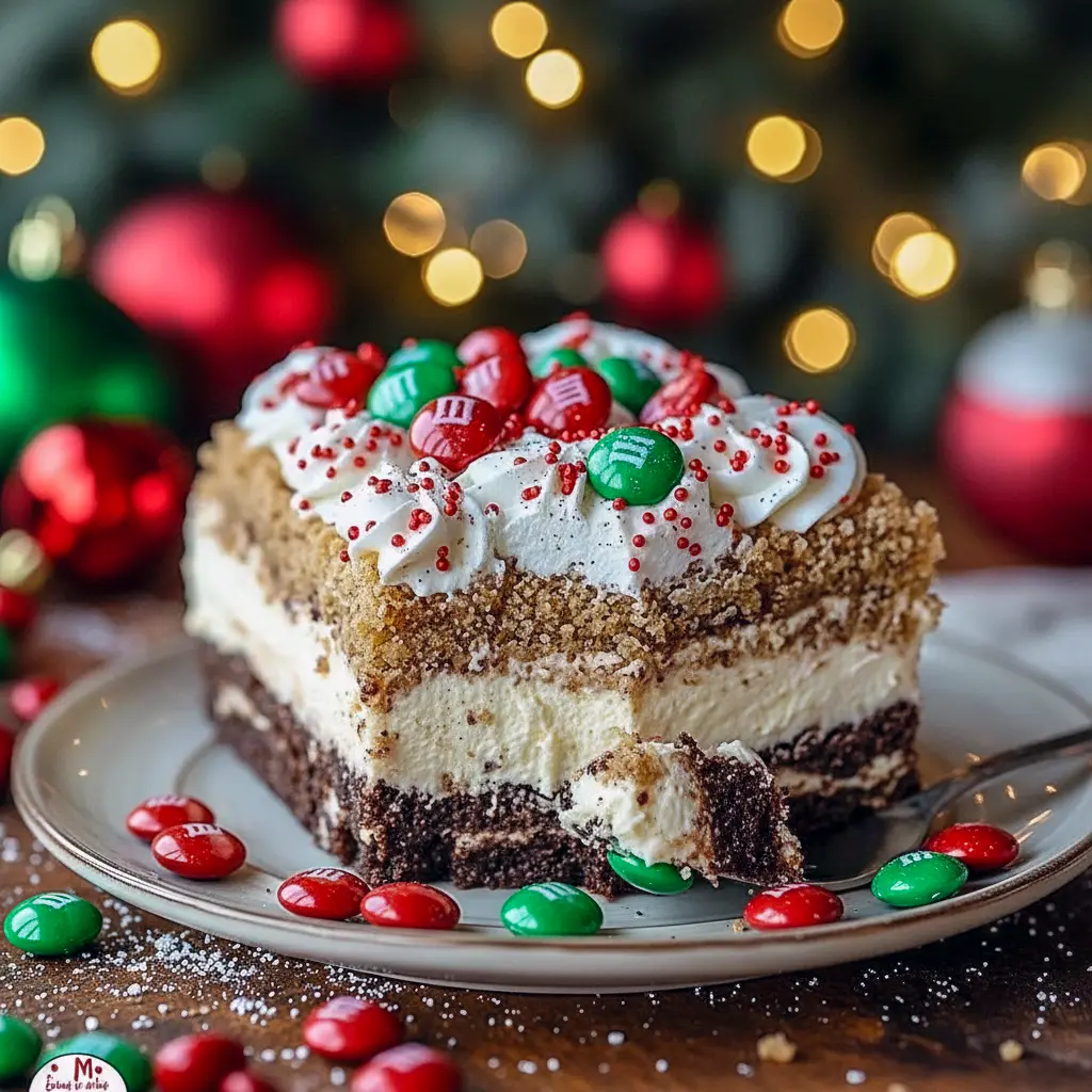 No-bake layered Oreo pudding dessert topped with colorful sprinkles and mini candies, Last Minute Christmas Desserts.