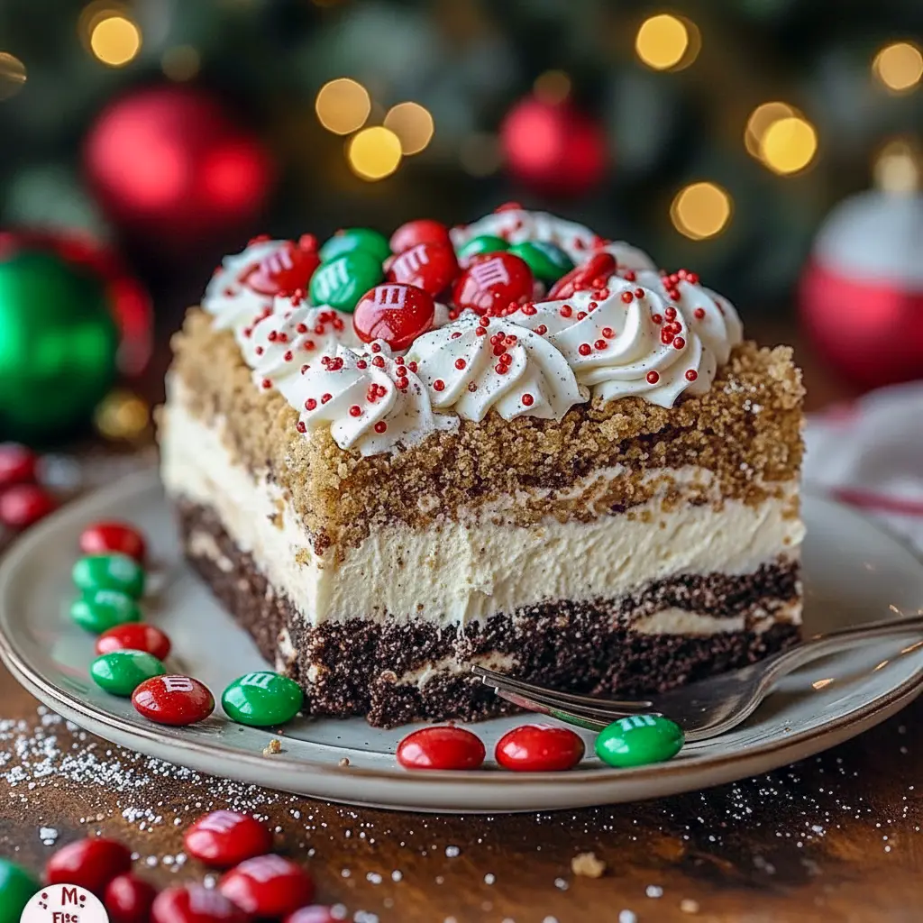 No-bake layered Oreo pudding dessert topped with colorful sprinkles and mini candies, Last Minute Christmas Desserts.