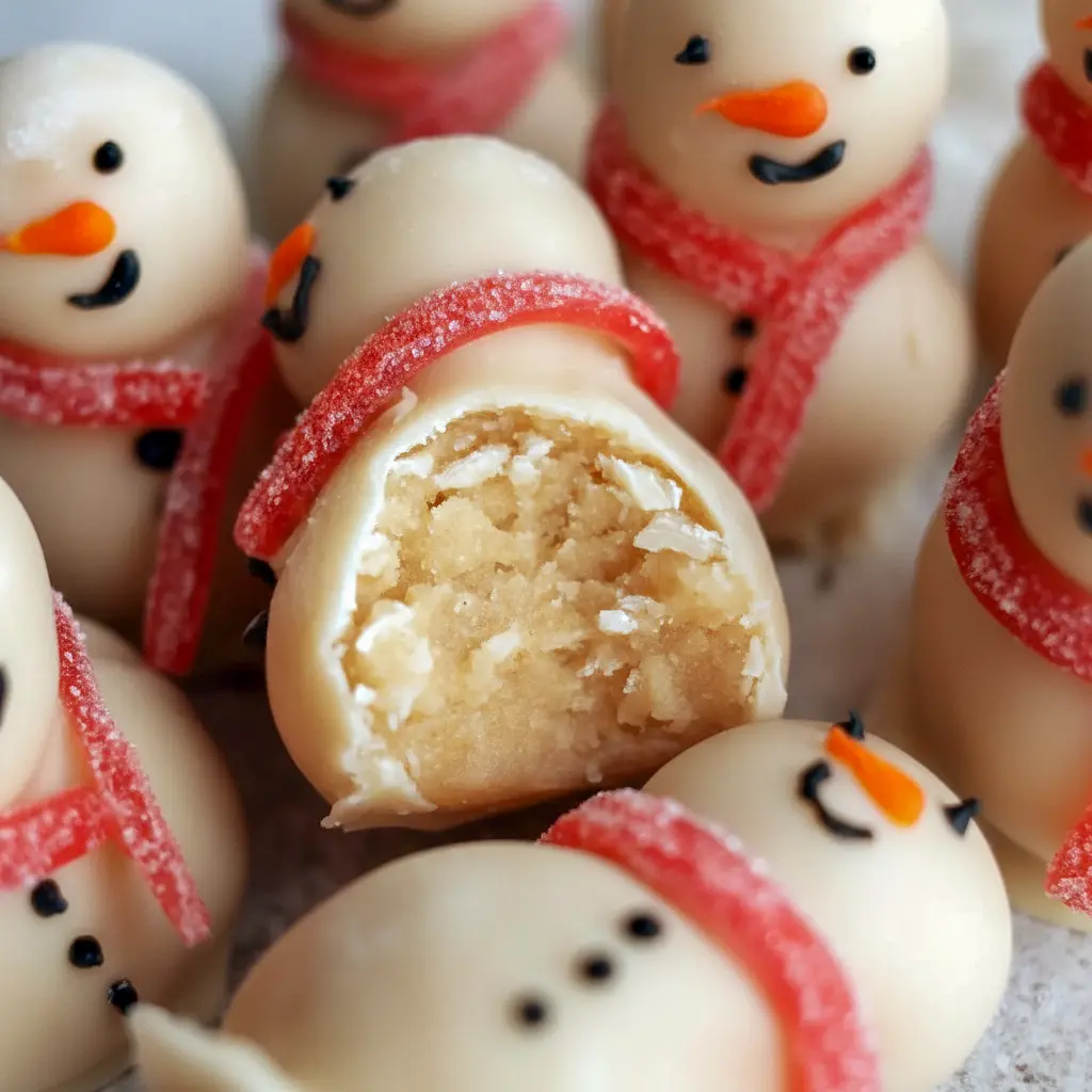 Close-up of three dairy-free white chocolate snowman truffles with tiny candy scarves and piped faces on a festive plate, No Bake Desserts For Christmas.