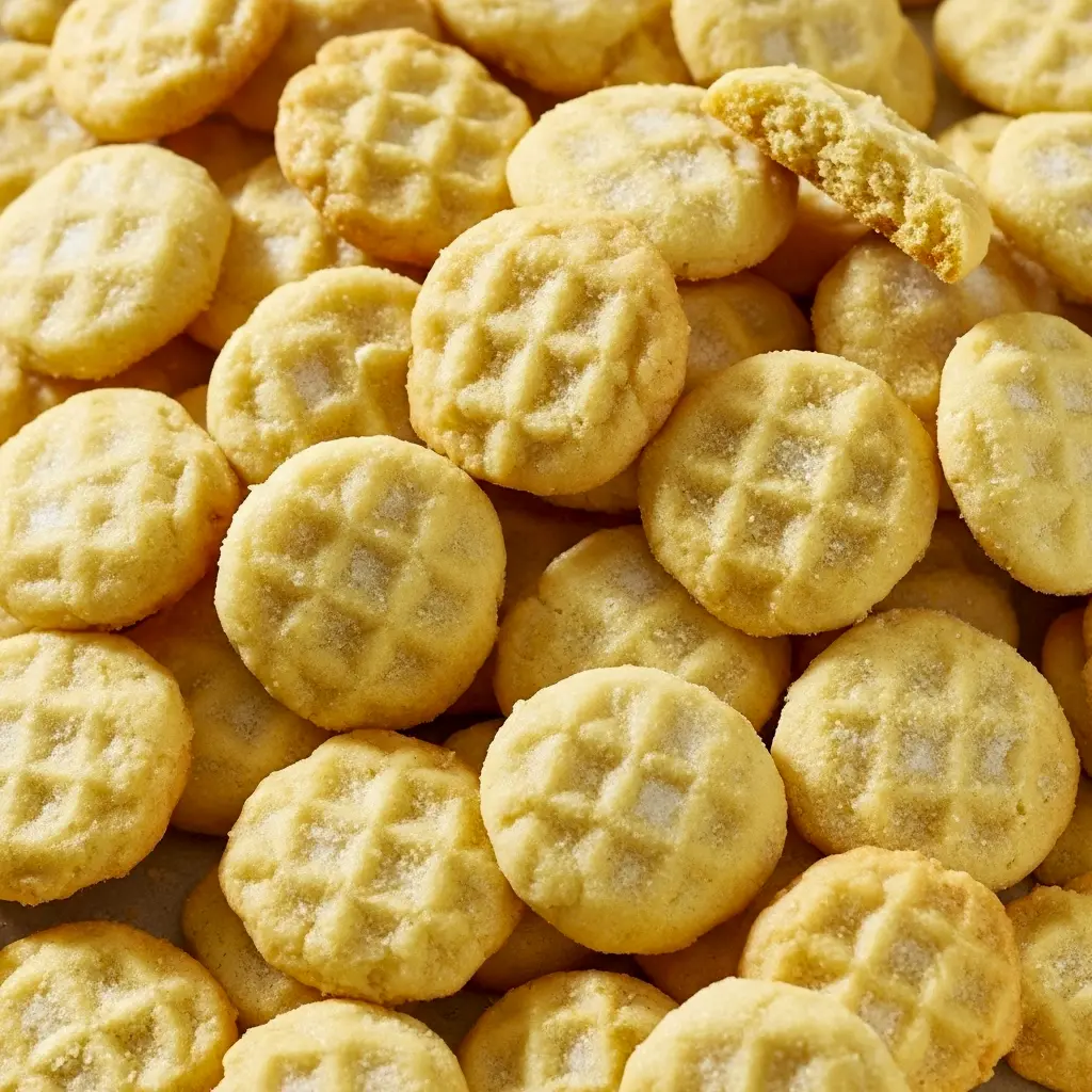 A close-up of golden mini sugar cookies coated in sugar, stacked on a baking tray, showcasing bite-sized treats perfect for sharing, gifting, and holiday baking, inspired by Almond Flavored Cookies Recipes and classic Party Cookies Ideas, Best Cookies For A Party.
