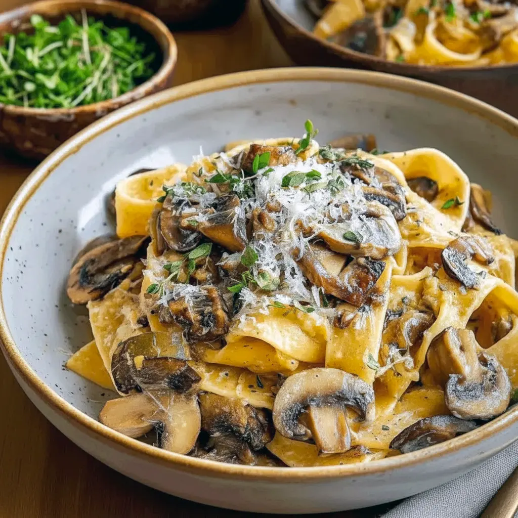 Close-up of creamy pasta tossed with caramelized leeks, golden mushrooms, and parsley on a white plate, Gruyere Pasta.