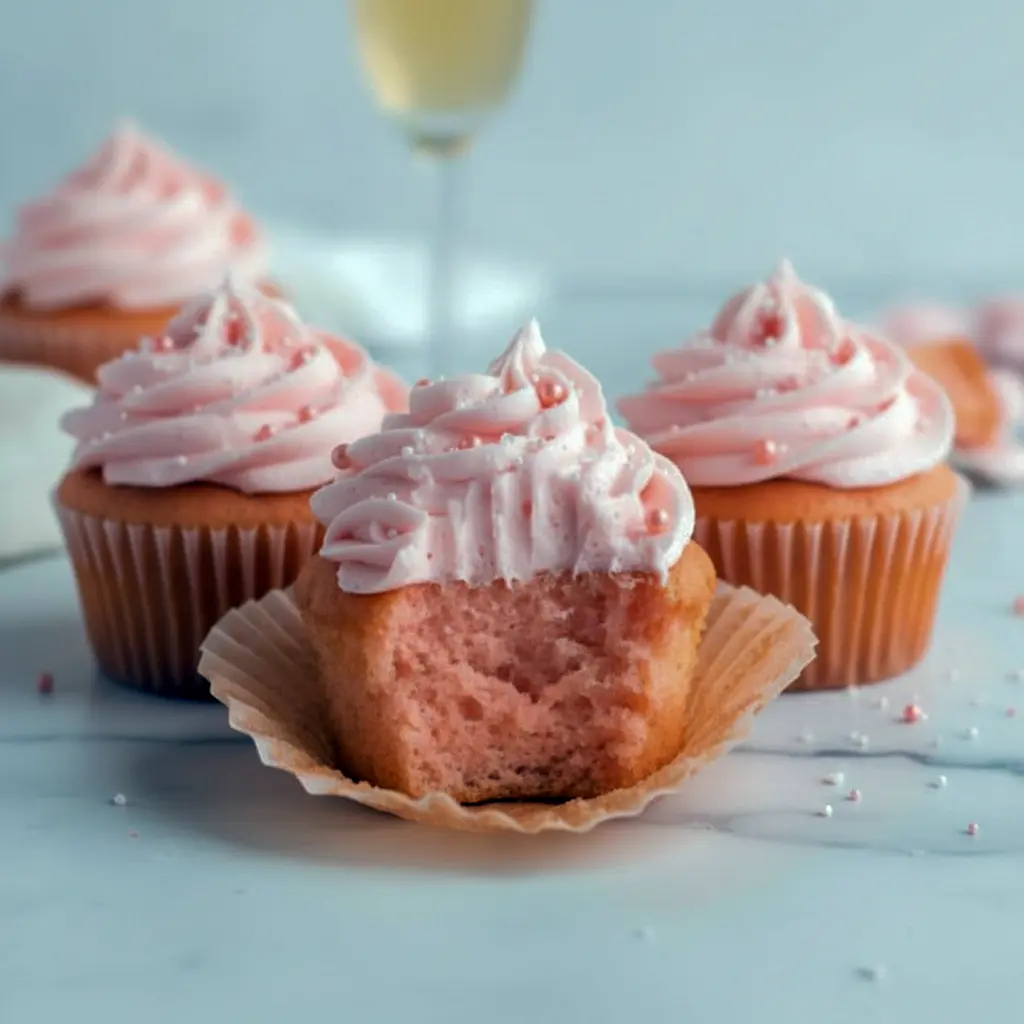 Close-up of a frosted cupcake on a cake stand — Pink Champagne Cupcakes with pearl sprinkles, silky buttercream, and a soft blush hue.
