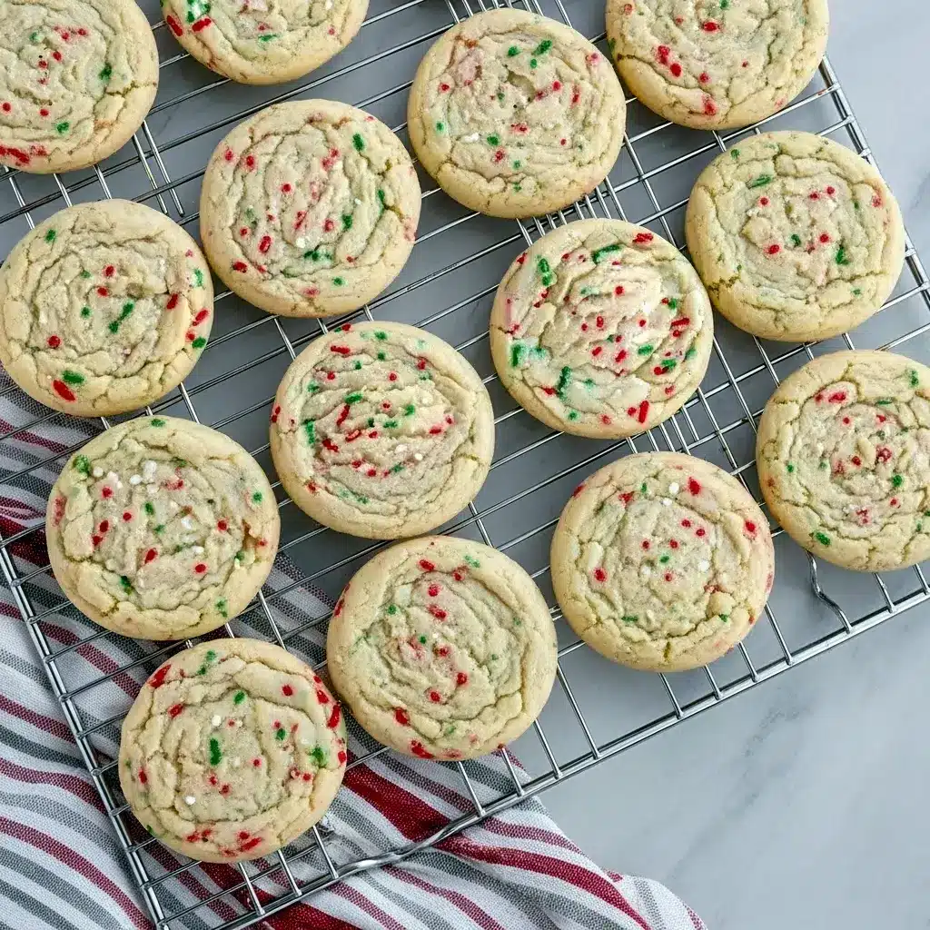 Top-down of a stack of golden sugar cookies studded with colorful sprinkles, showing crisp edges and a chewy center on a festive plate, Christmas Baking Recipes.