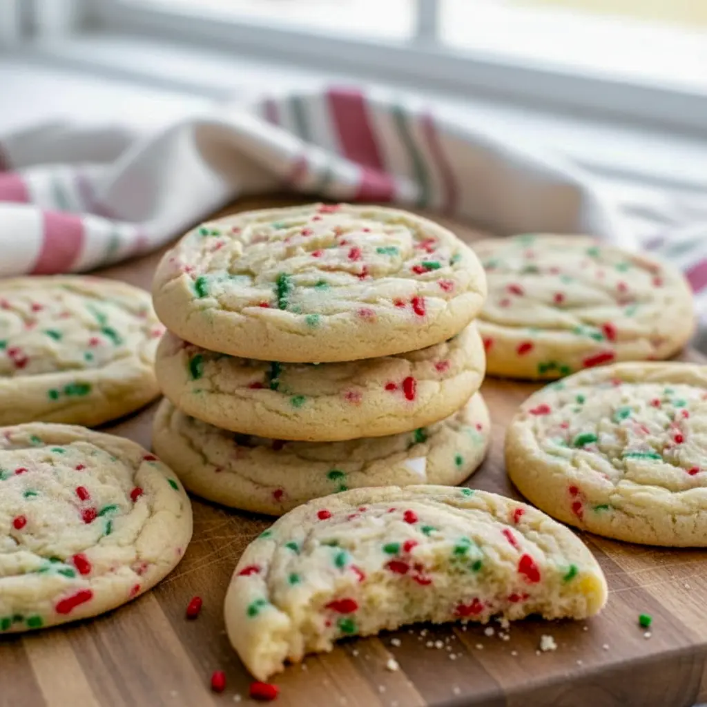 Top-down of a stack of golden sugar cookies studded with colorful sprinkles, showing crisp edges and a chewy center on a festive plate, Christmas Baking Recipes.