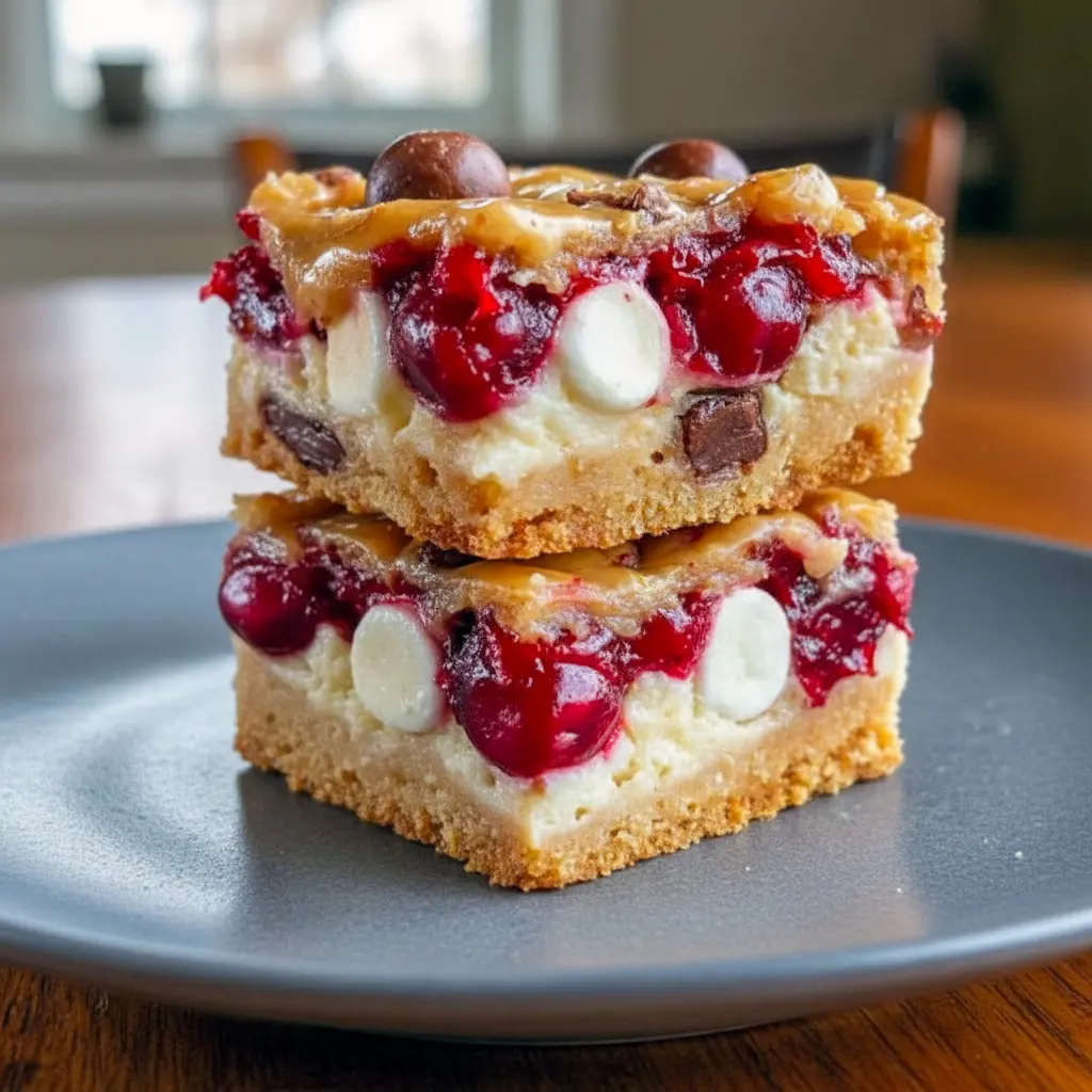 Stack of chocolate-marshmallow Christmas bars on a festive platter, sprinkled with crushed cranberries and powdered sugar, Christmas Sweet Treats.