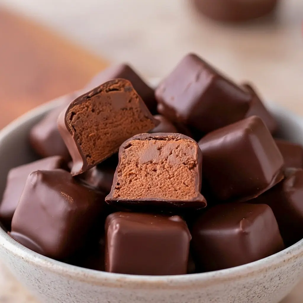 Close-up of chocolate-covered candy squares with a fluffy chocolate filling, sprinkled with crushed peppermint and arranged on parchment for gifting, Favorite Christmas Candy.