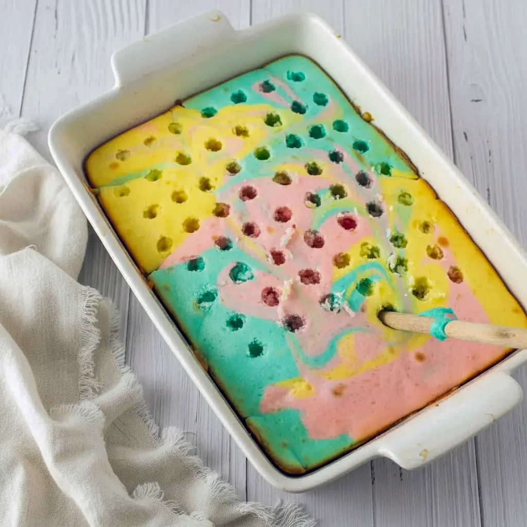 Close-up of a slice of pastel marbled poke cake with visible pudding-filled holes, topped with whipped cream, shredded coconut and mini chocolate eggs — a lovely option for Easter Sunday Dessert Ideas, a fresh Easter Spring Desserts pick, and an easy choice in Easy Desserts Easter, Fun And Easy Easter Desserts.