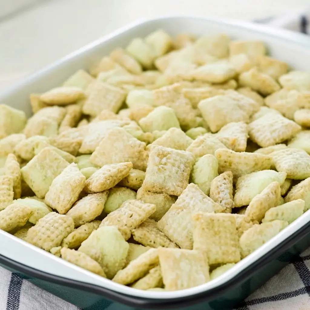 Overhead view of a sheet pan heaped with green-tinted pistachio puppy chow — powdered-sugar dusted Chex cereal, white chocolate coating, and chopped pistachios, Puppy Chow Treats.