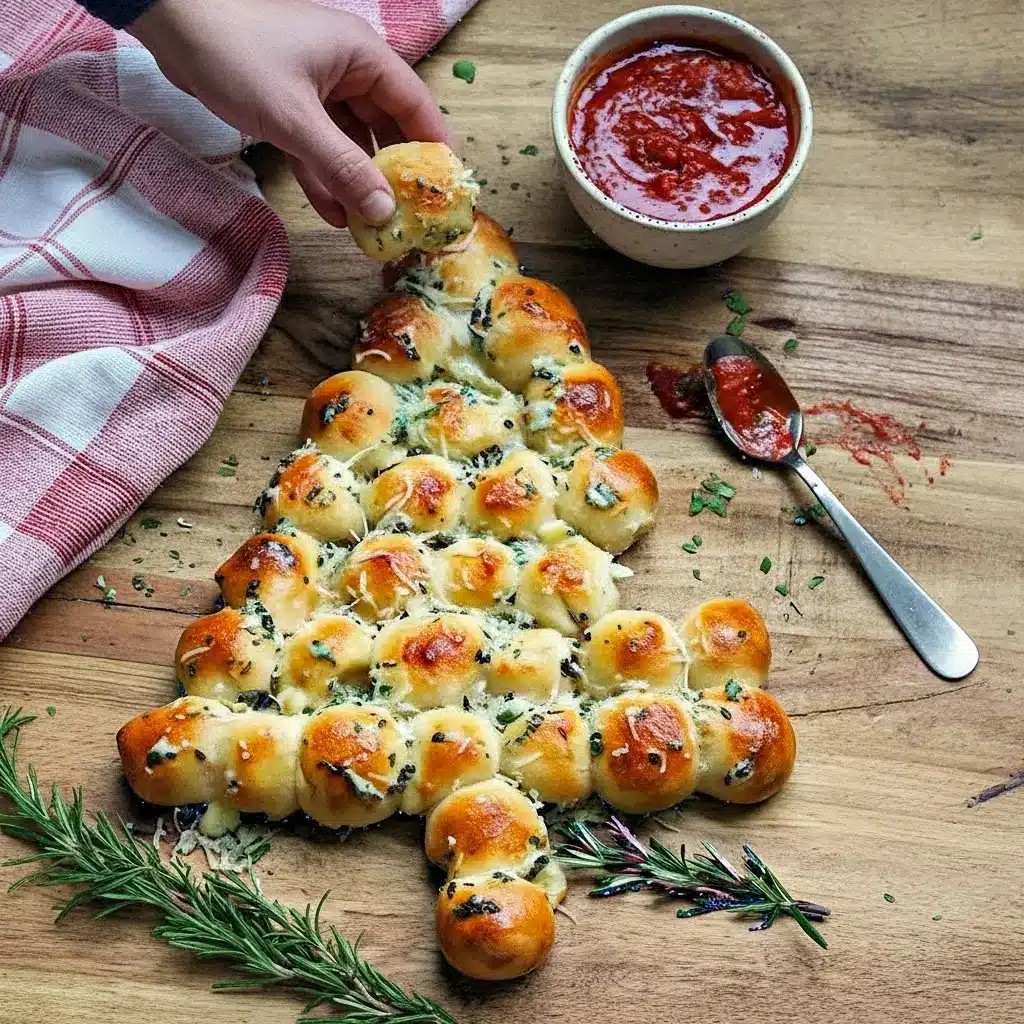 Golden, cheesy pull-apart tree of mozzarella-stuffed dough balls brushed with garlic-herb butter, served with a bowl of marinara for dipping, Easy Recipes For Christmas Party.