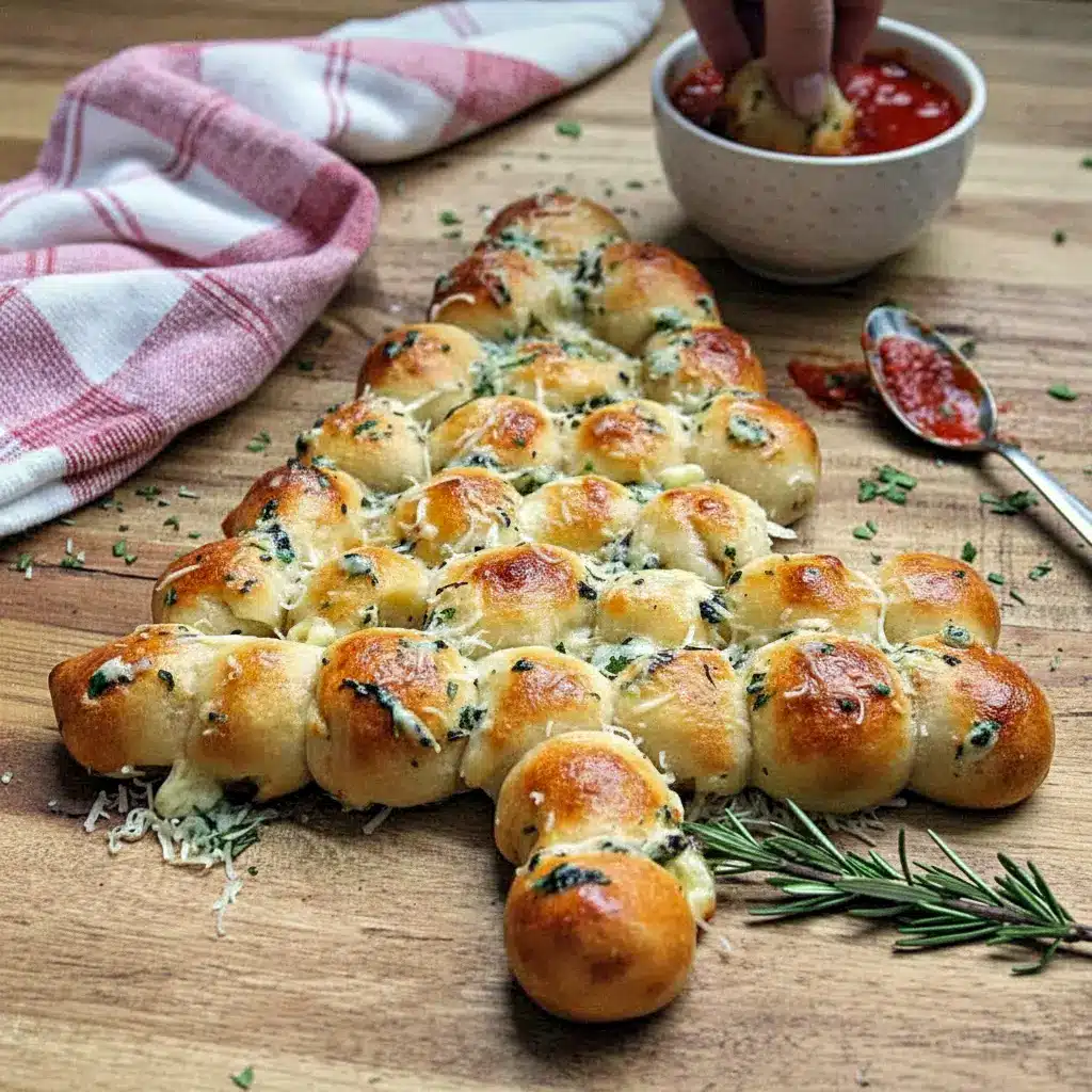 Golden, cheesy pull-apart tree of mozzarella-stuffed dough balls brushed with garlic-herb butter, served with a bowl of marinara for dipping, Easy Recipes For Christmas Party.
