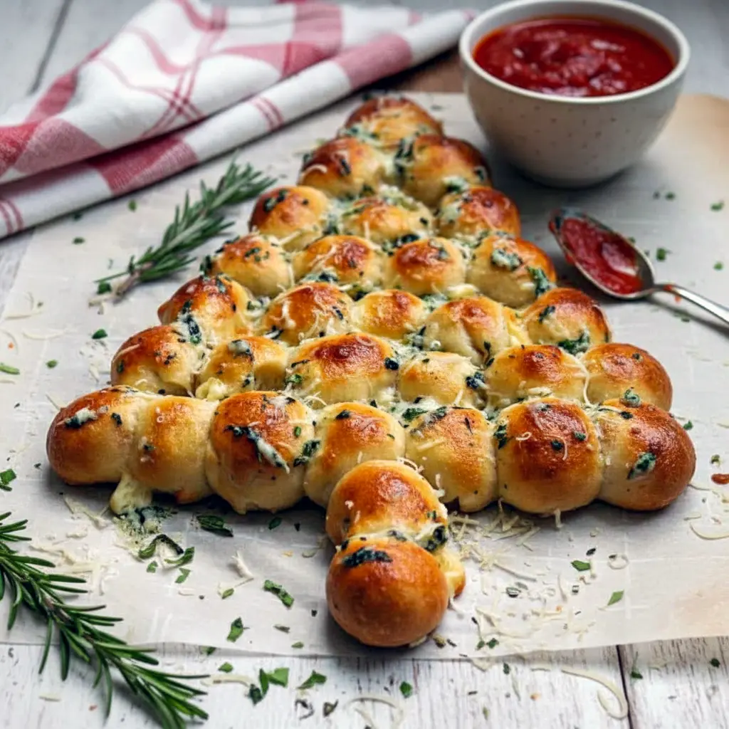 Golden, cheesy pull-apart tree of mozzarella-stuffed dough balls brushed with garlic-herb butter, served with a bowl of marinara for dipping, Easy Recipes For Christmas Party.