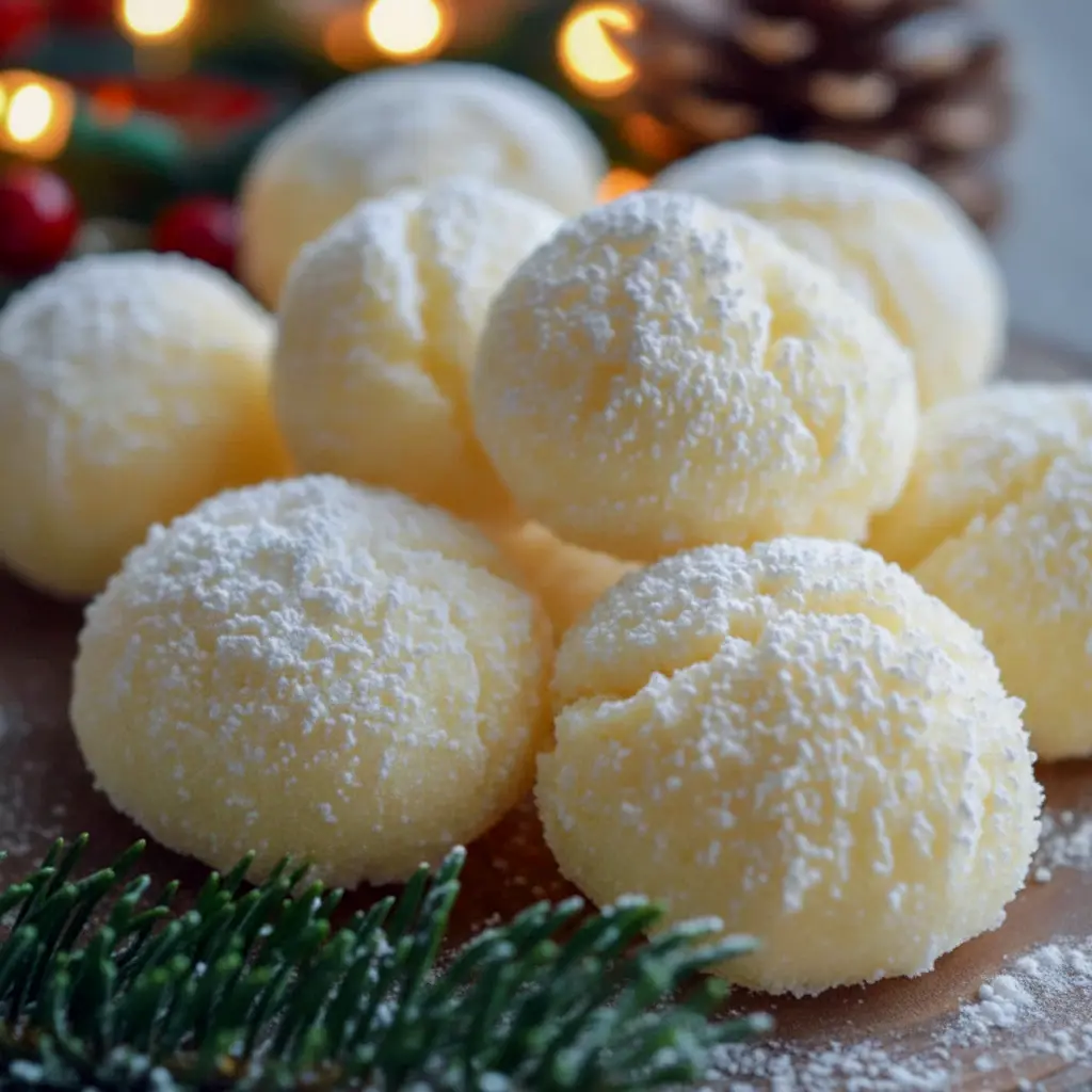 No-bake sweetened condensed milk snowballs rolled in shredded coconut and powdered sugar on a festive platter, Snowball Dessert Ideas.
