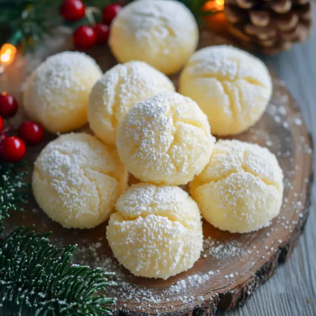 No-bake sweetened condensed milk snowballs rolled in shredded coconut and powdered sugar on a festive platter, Snowball Dessert Ideas.