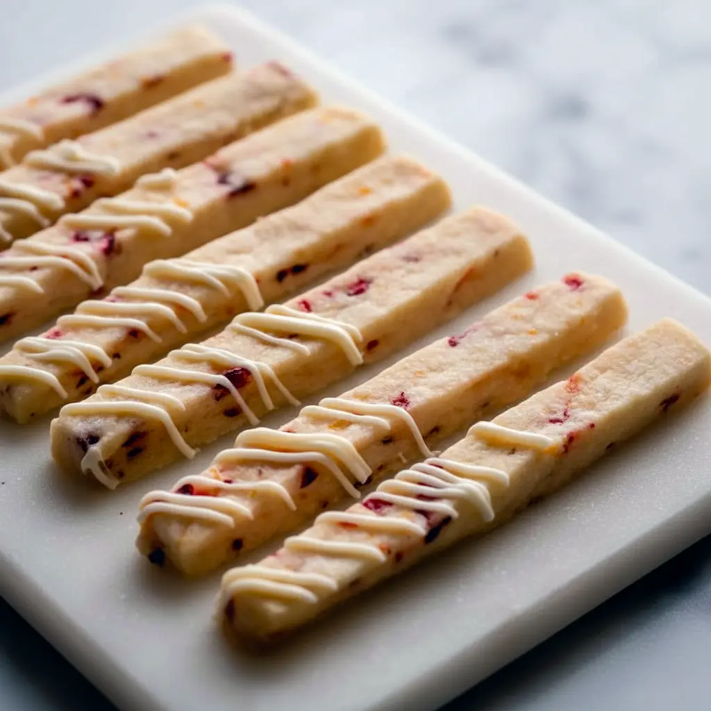 Buttery orange-cranberry shortbread sticks arranged on a festive plate, Holiday Treat Ideas.