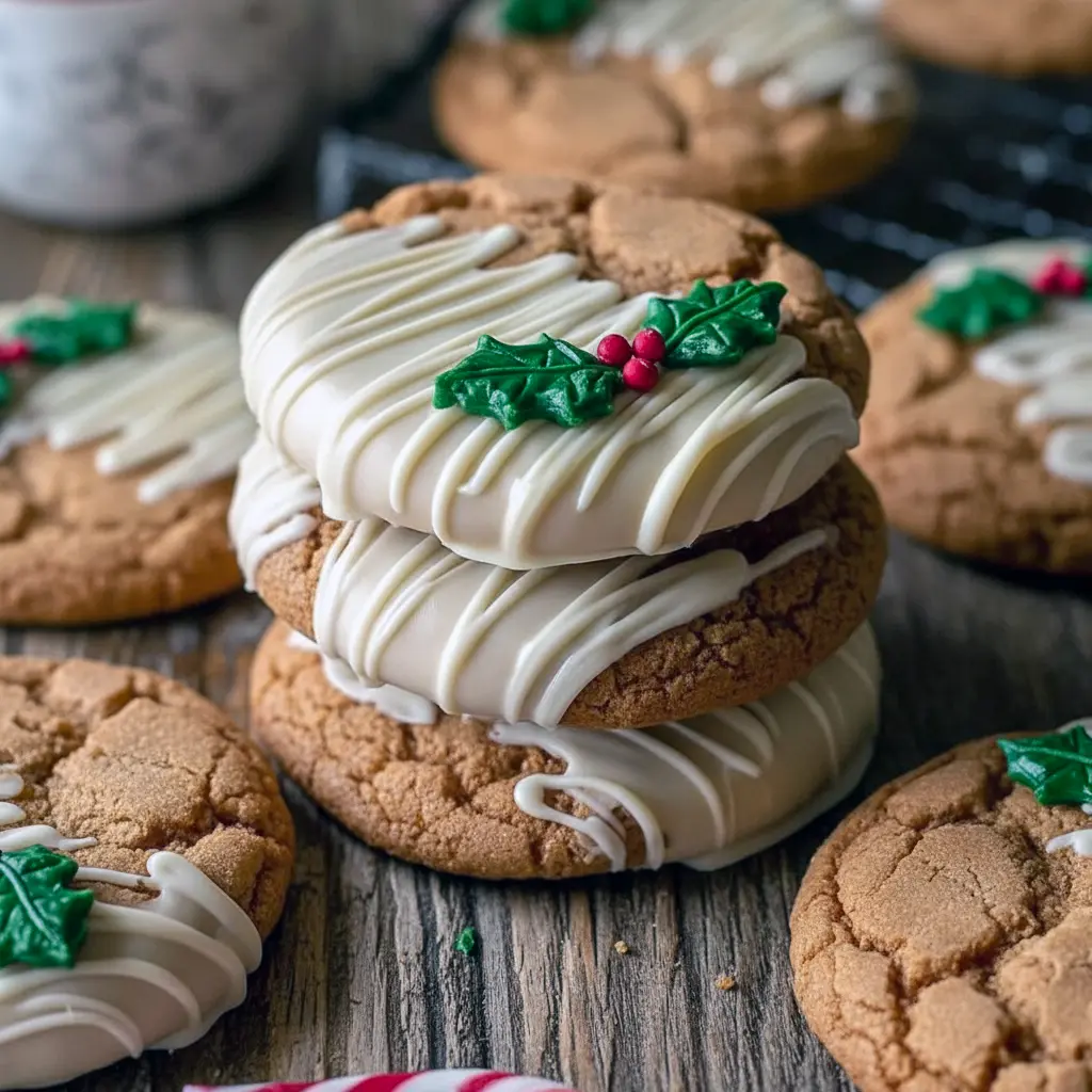 Plate of half-dipped White Chocolate Christmas Cookies with holly sprinkles, ideal for Christmas Themed Baking, Christmas Cinnamon Cookies.