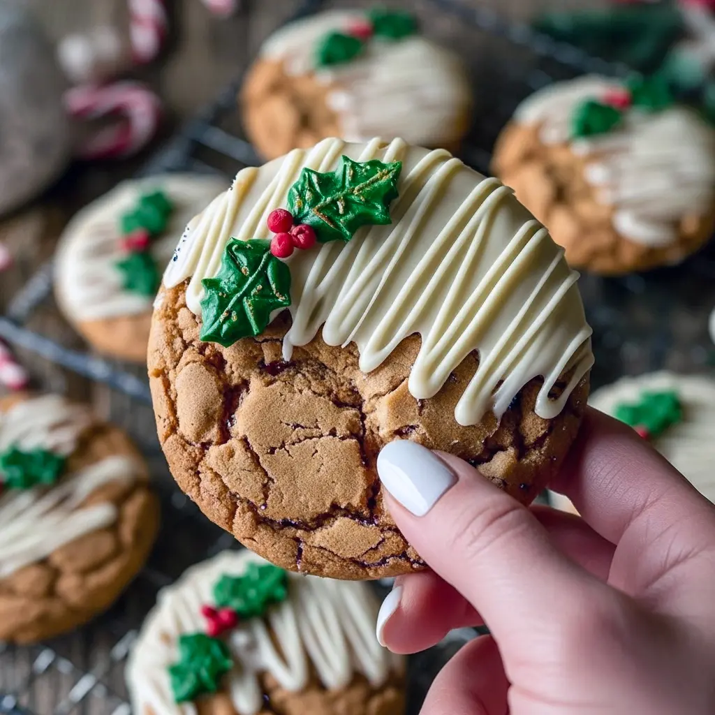 Plate of half-dipped White Chocolate Christmas Cookies with holly sprinkles, ideal for Christmas Themed Baking, Christmas Cinnamon Cookies.