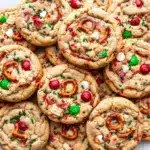 Close-up of chewy, loaded Christmas cookies on parchment — studded with pretzel pieces, crushed potato chips, M&M’s, white chocolate chips, and red-and-green sprinkles, Christmas Kitchen Sink Cookies.
