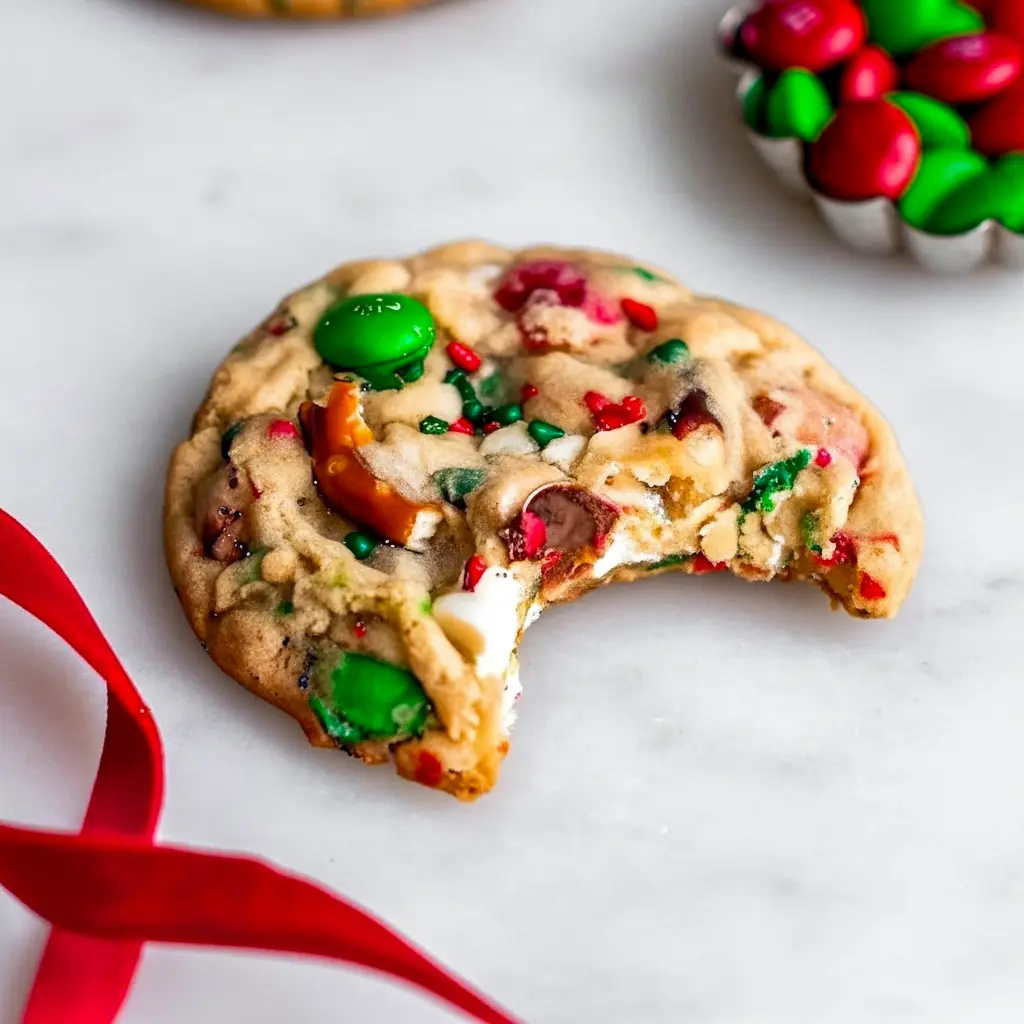 Close-up of chewy, loaded Christmas cookies on parchment — studded with pretzel pieces, crushed potato chips, M&M’s, white chocolate chips, and red-and-green sprinkles, Christmas Kitchen Sink Cookies.